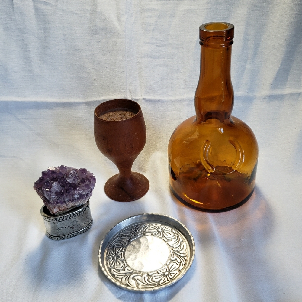 Vintage Amber Glass Bottle and Silver Accents Set